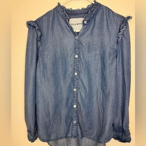 Lola River Denim Button-Up Ruffle Accents Blouse